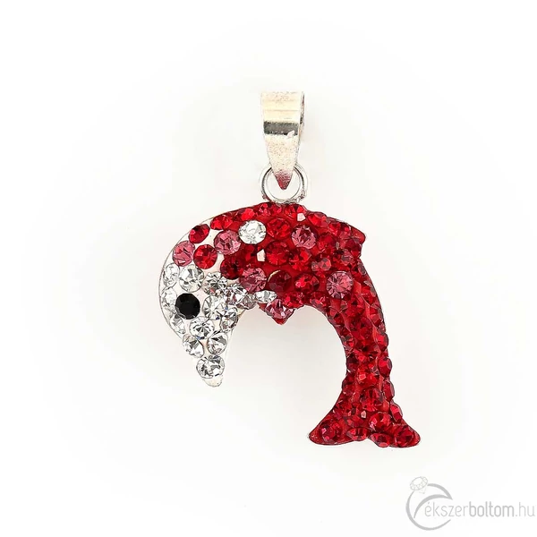 Ezüst delfin medál piros-fehér swarovski jellegű kövekkel