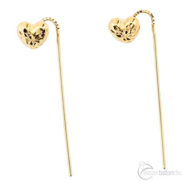 Sárga arany fülbevaló 14 karátos, szív alakú áthúzós
