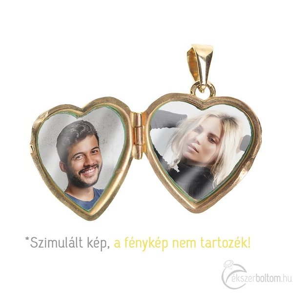 Sárga arany nyitható szív medál vésett előlappal - nyitva (szimulált kép)
