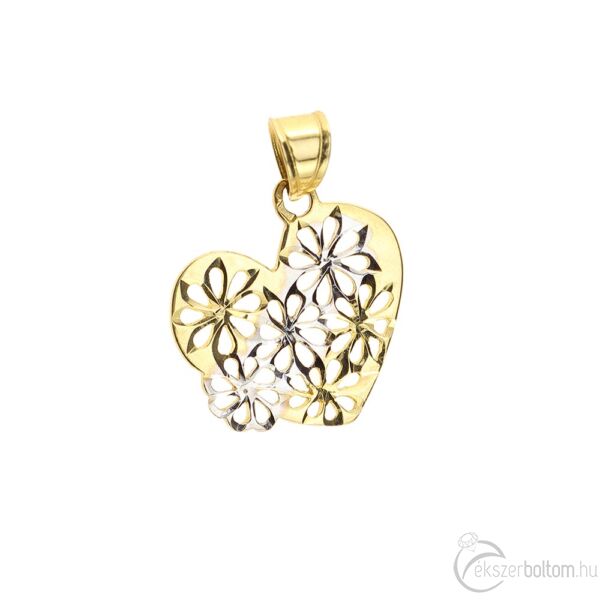Sárga-fehér aranyból készült áttört virágmintás szív medál