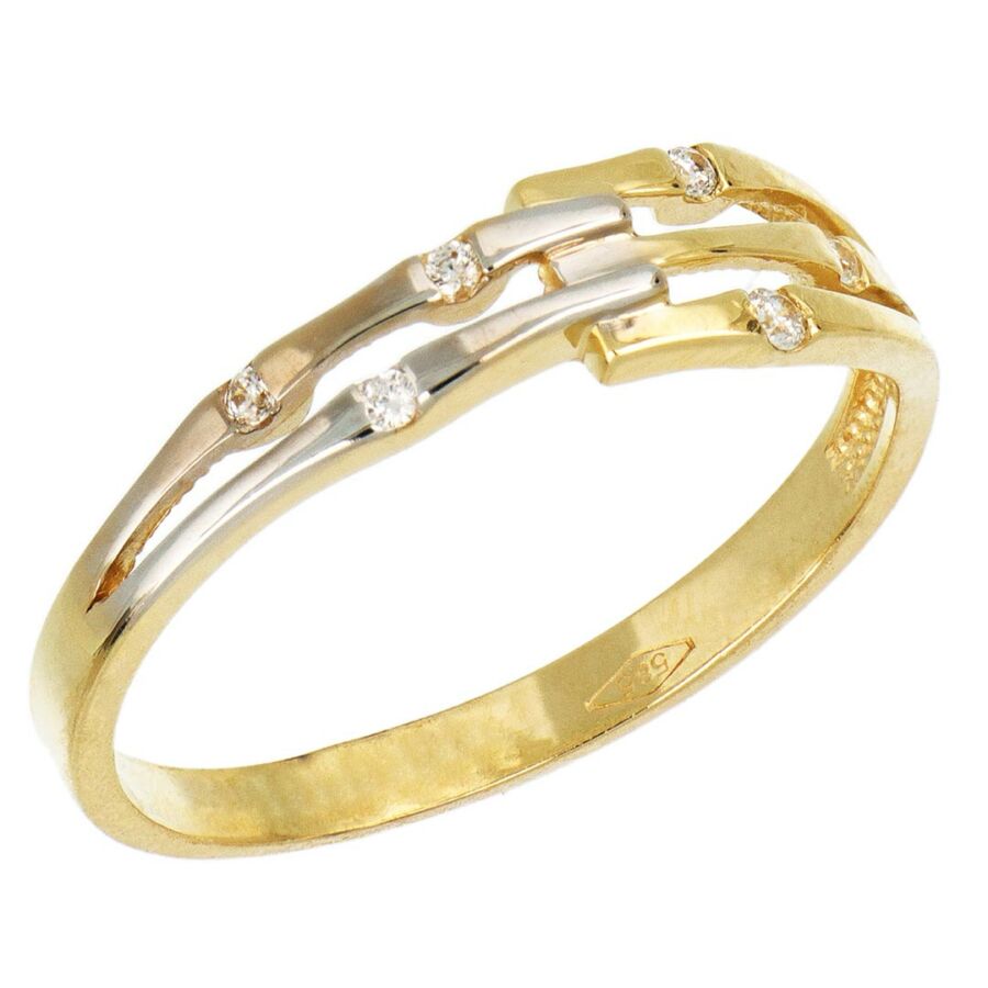 14 karátos sárga és fehér arany sok köves gyűrű, 58-as méret