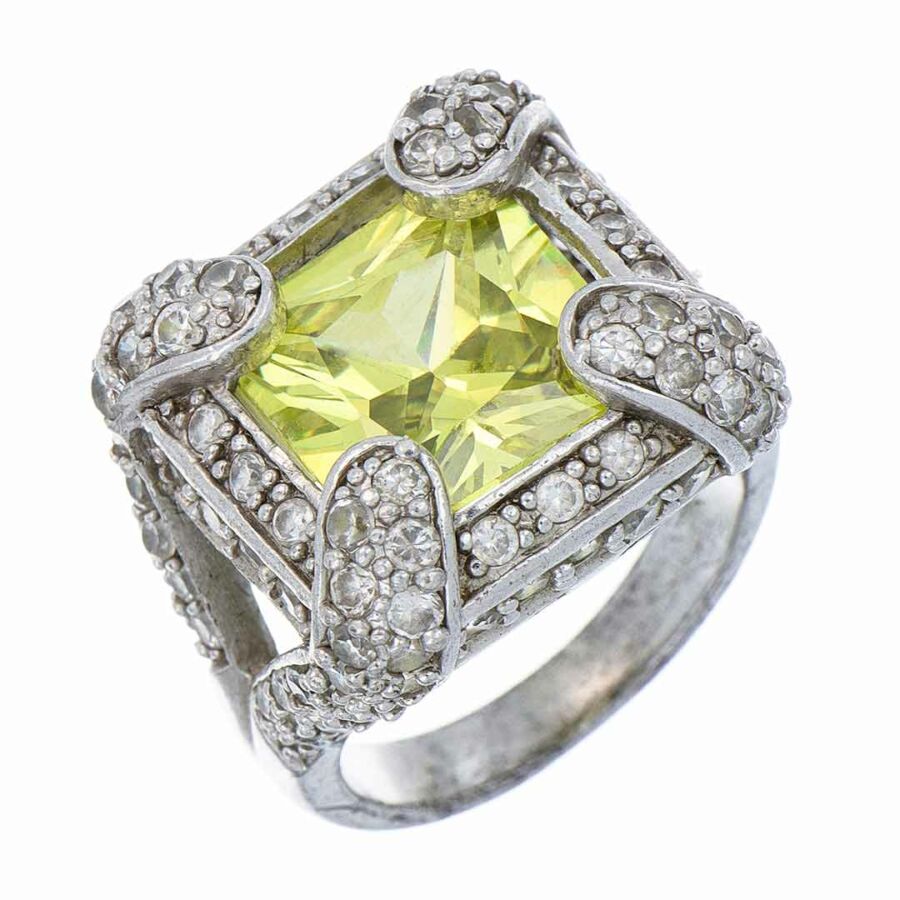 Négyzet alakú zöld köves ródiumozott ezüst gyűrű