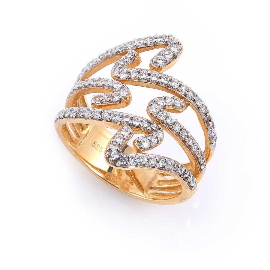 Sárga 14 karátos arany női gyűrű, kacskaringós köves díszítéssel (59-es méret)