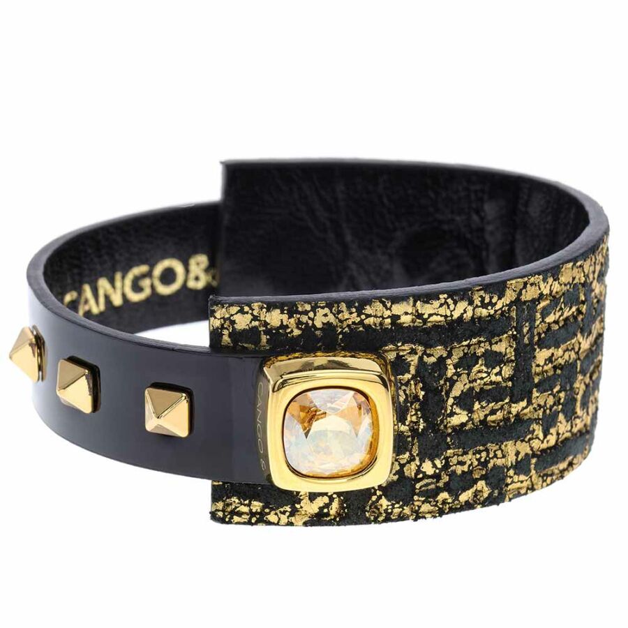 Cango &amp; Rinaldi Cube aranyszín fémdíszes, arany kristály köves, fekete-arany színű karkötő