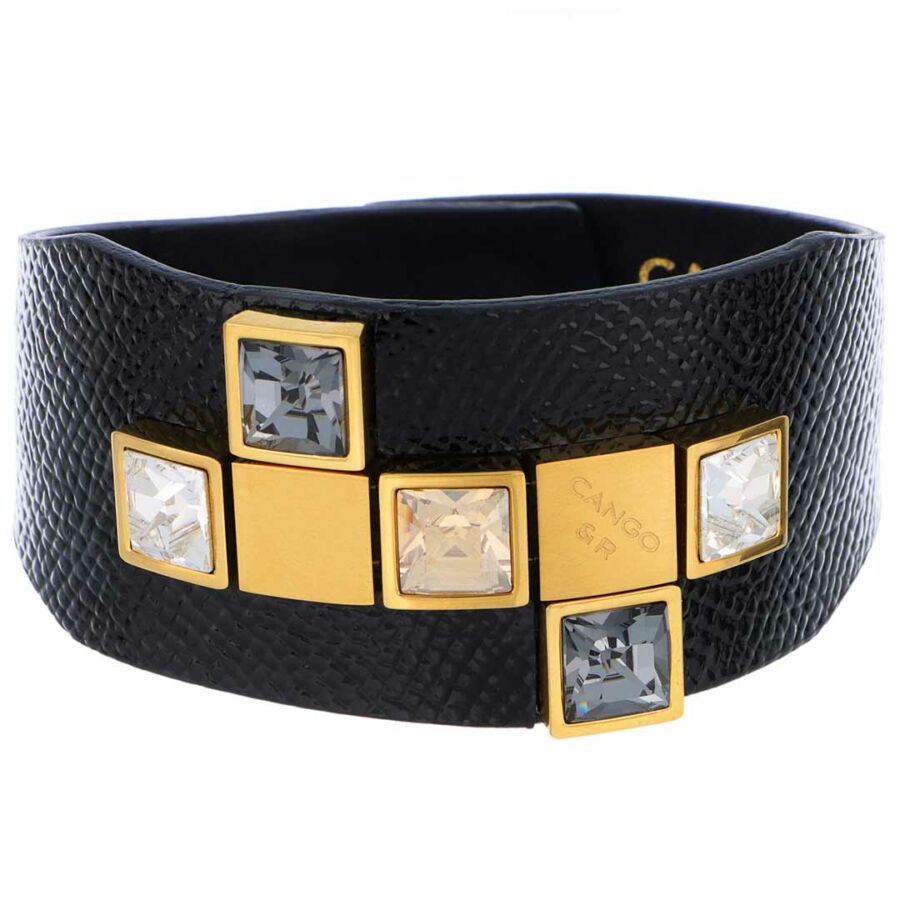 Cango &amp; Rinaldi - Mosaic három színű kristályos fekete-arany széles bőr karkötő