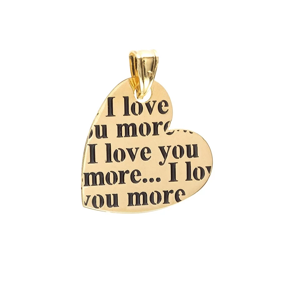I Love You More feliratos sárga arany lap szív medál, rézsútos függesztékkel