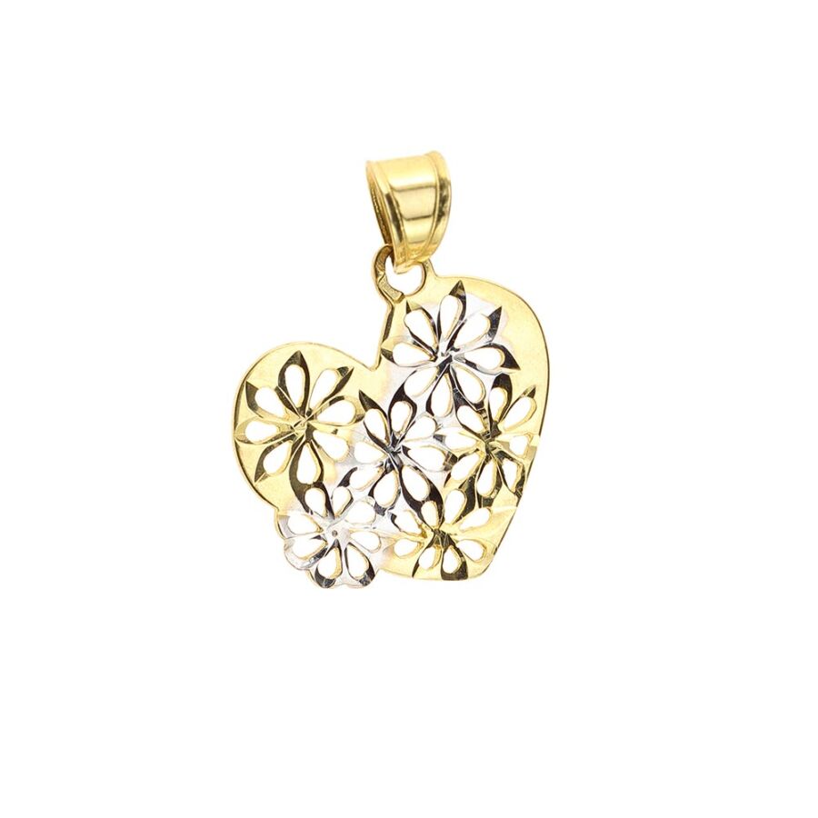 Sárga-fehér aranyból készült áttört virágmintás szív medál
