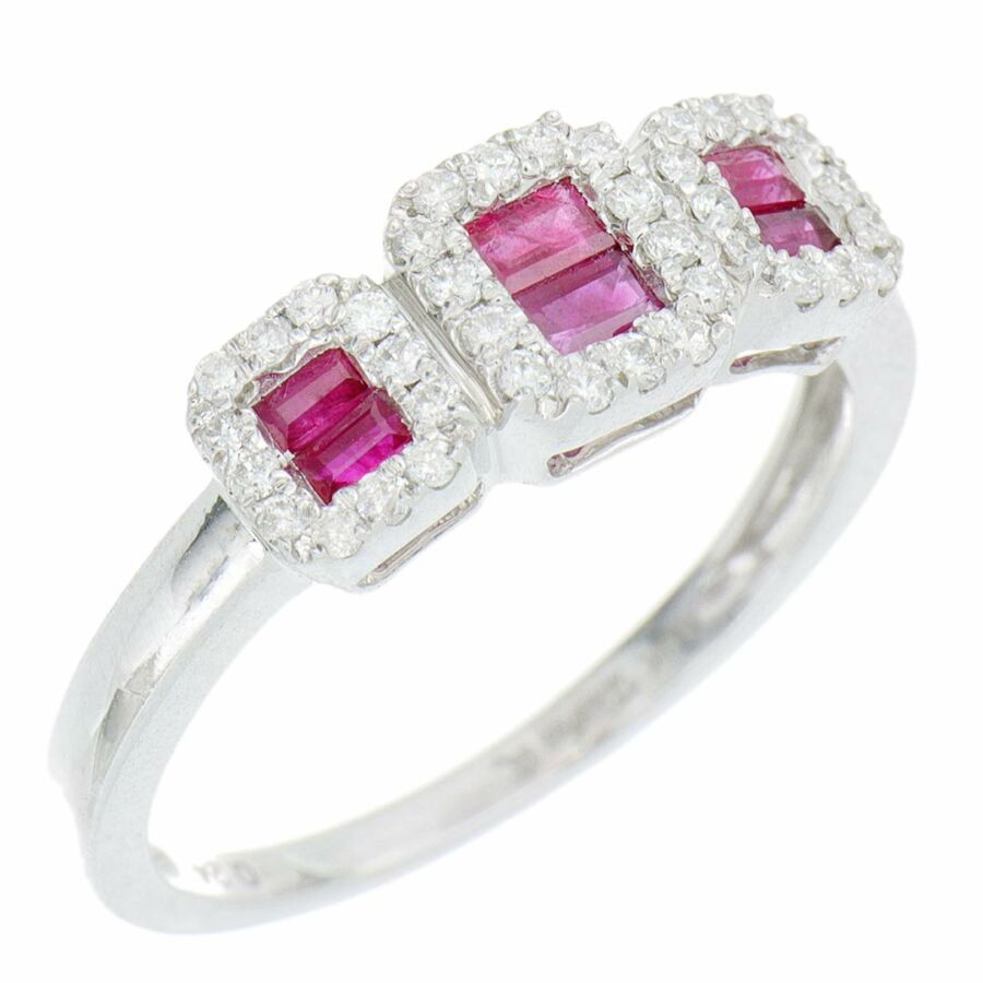 Gyémánt gyűrű rubin kövekkel és szögletes fejrésszel 14 karátos fehér arany (54-es méret)
