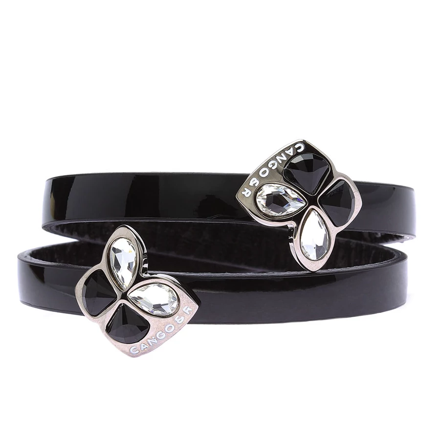 Cango & Rinaldi Secret Garden fekete lakkbőr karkötő két kristály díszes rátéttel
